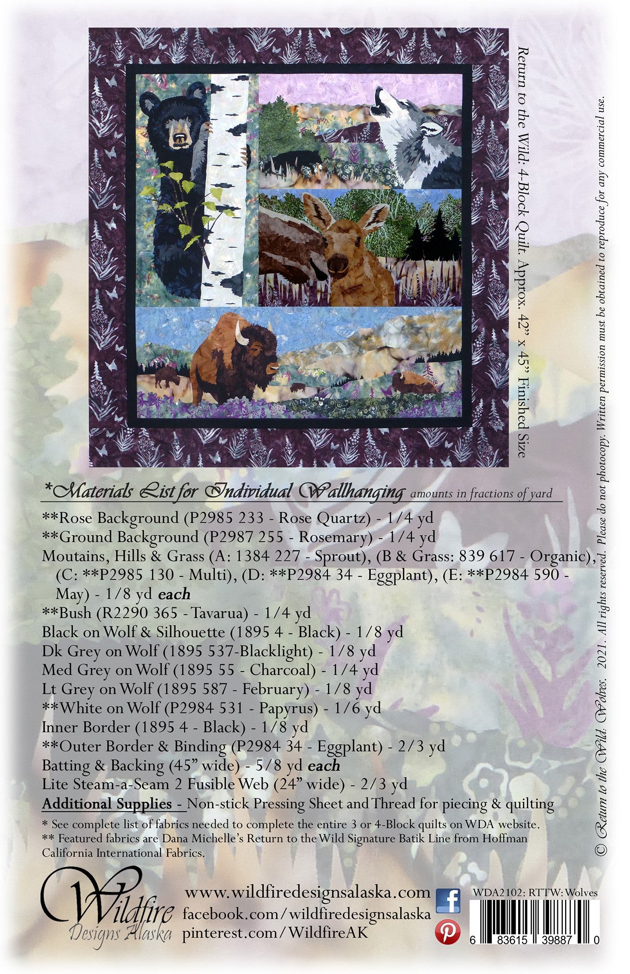 Wildfire Designs Alaska Return to the Wild Wolves Laser Cut Applique Kit Back Cover