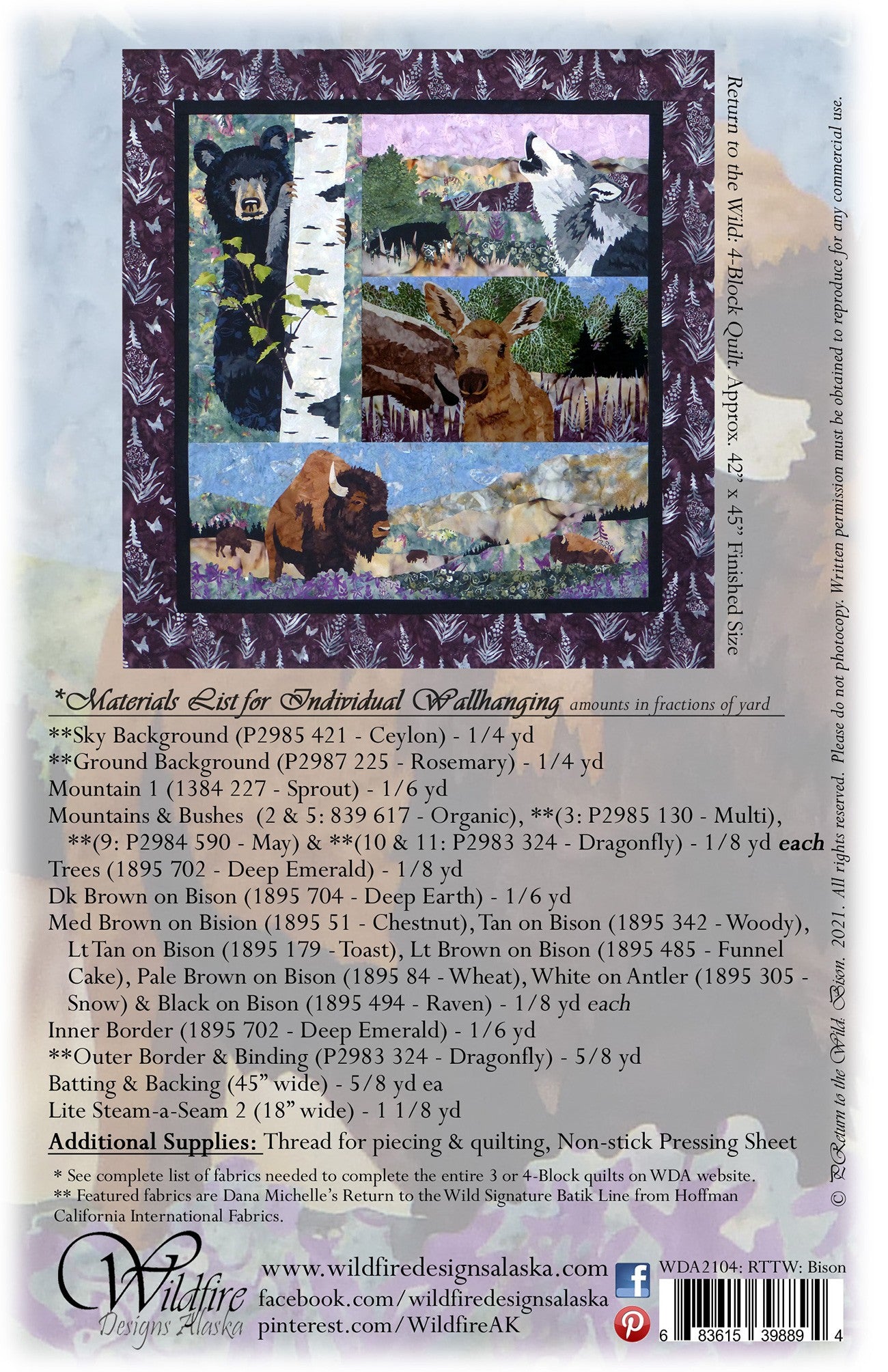 Wildfire Designs Alaska Return to the Wild Bison Applique Quilt Pattern Back Cover