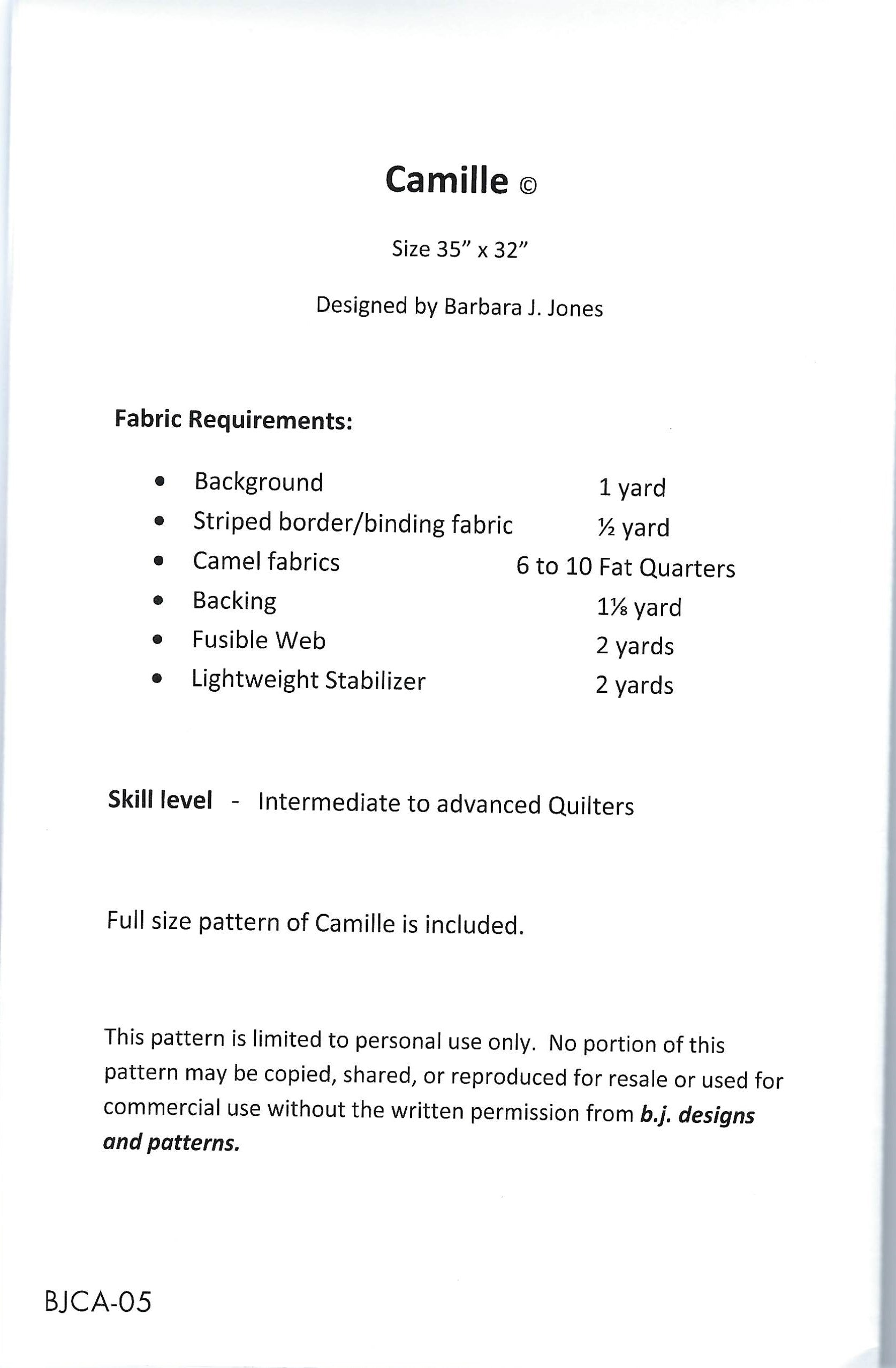 BJ Designs & Patterns Camille Camel Applique Quilt Pattern Back Cover