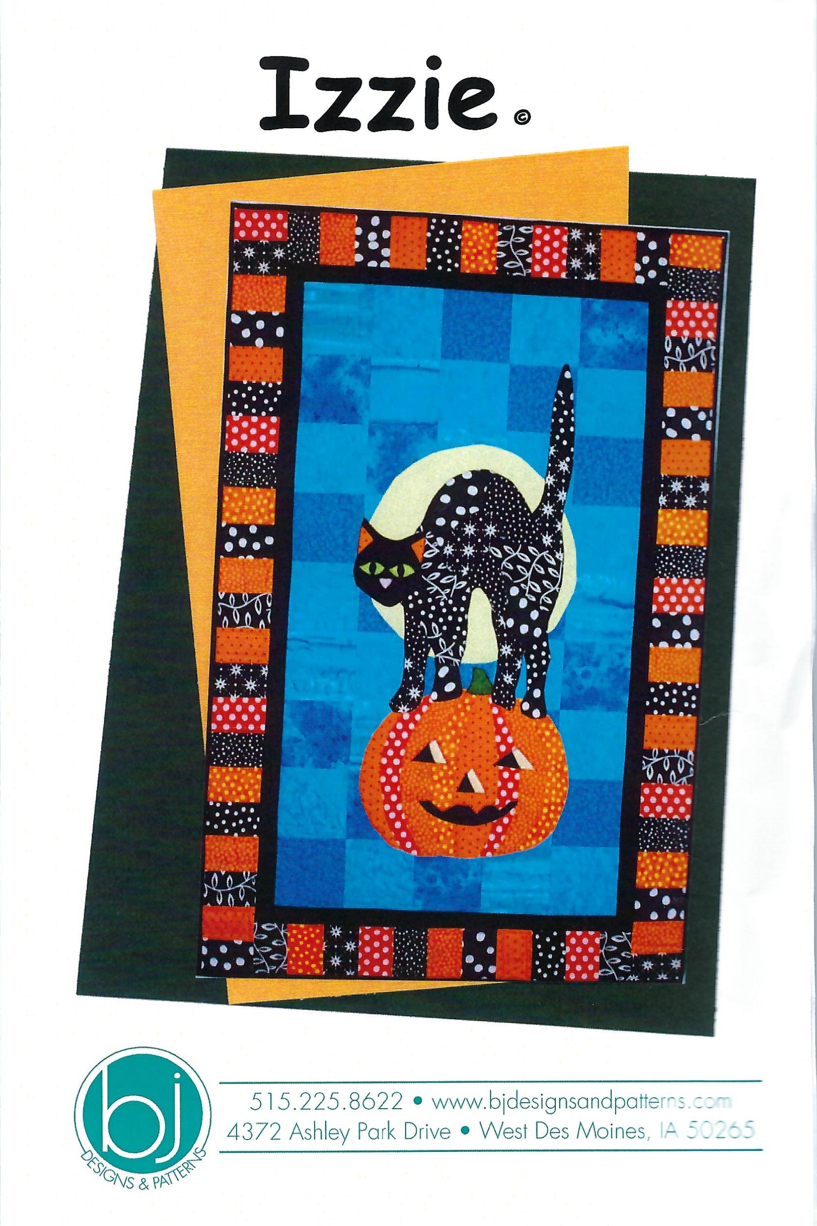 BJ Designs & Patterns Izzie Black Cat Halloween Applique Quilt Pattern Front Cover