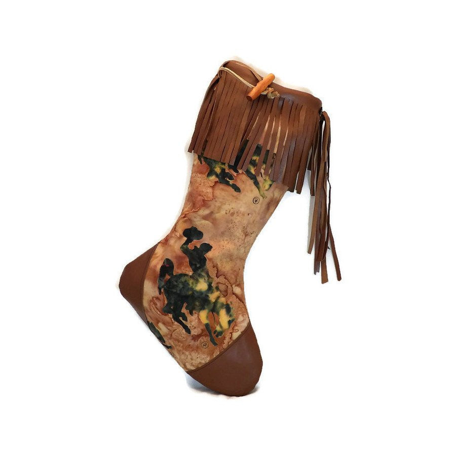 Large Batik Bucking Horse Christmas Stocking with Brown Lambskin Leather Fringe and Plush Red Lining