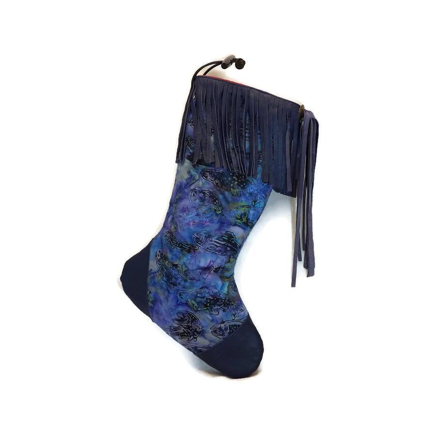 Large Blue Batik Fish Christmas Stocking with Blue Lambskin Leather Fringe and Plush Red Lining