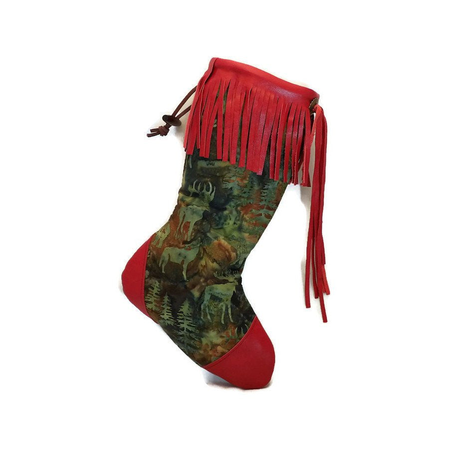 Large Forest Green Batik Animals Christmas Stocking with Red Lambskin Leather Fringe and Plush Red Lining