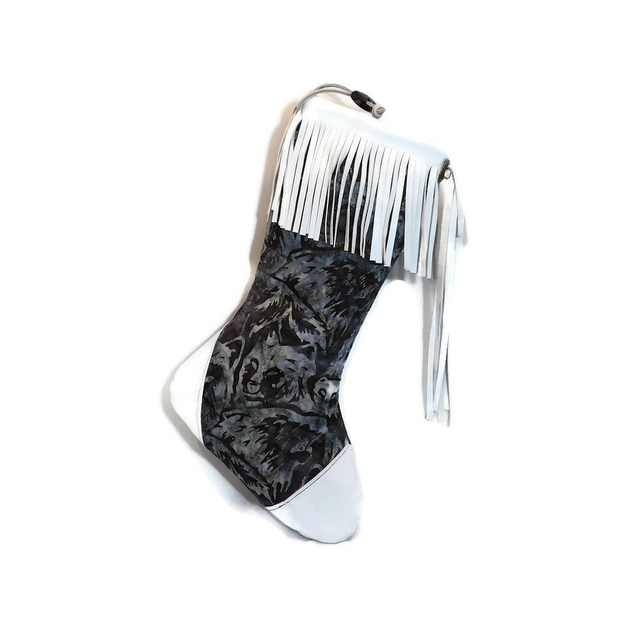 Large Batik Wolf Christmas Stocking with White Lambskin Leather Fringe and Plush Red Lining