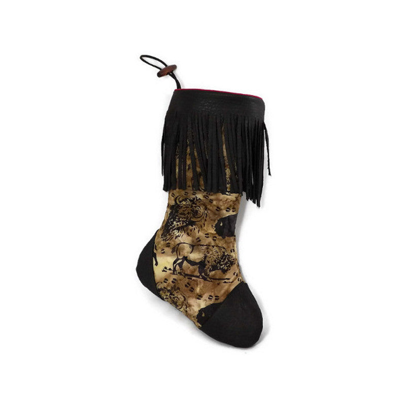 Large Batik Buffalo Christmas Stocking with Chocolate Brown Deerskin Leather Fringe and Plush Red Lining